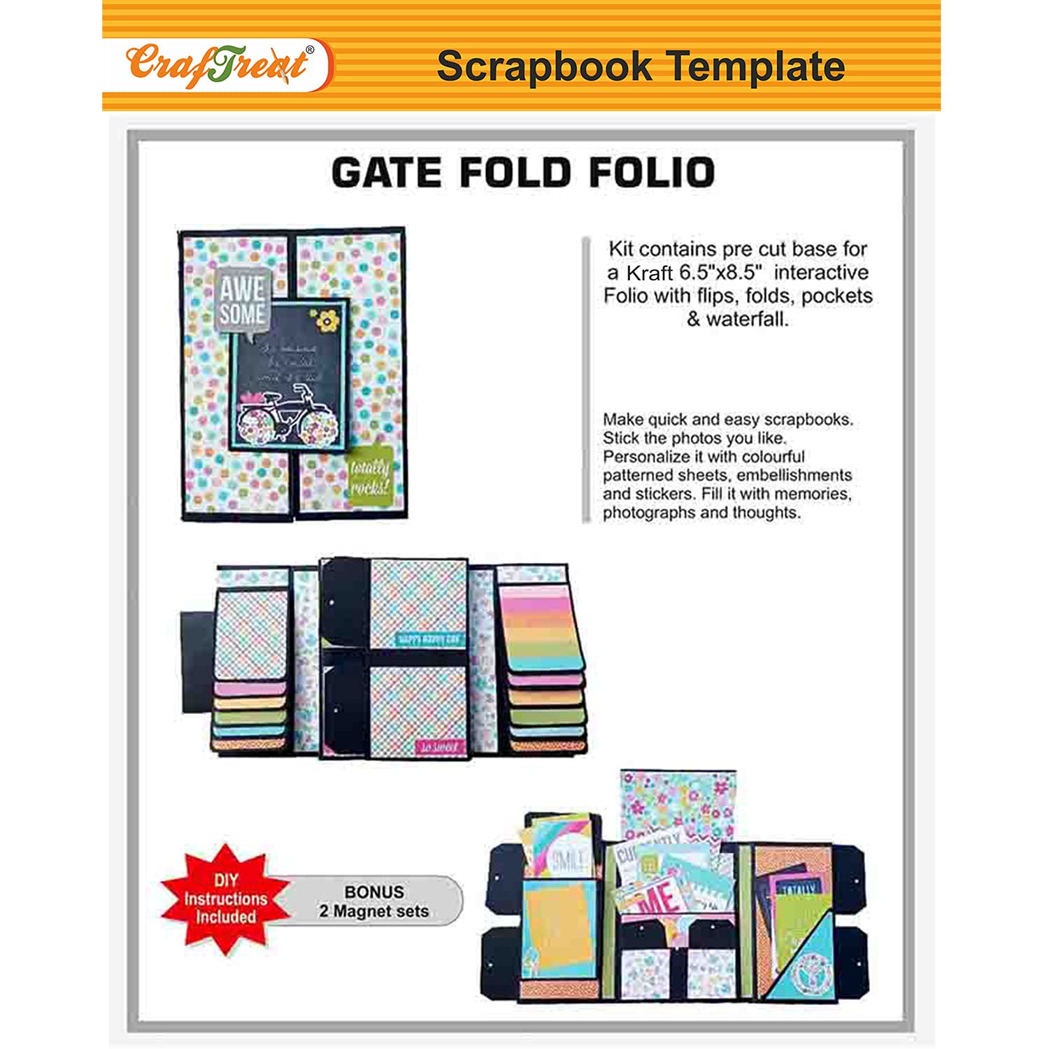 CrafTreat DIY Scrapbook Photo Album for Birthday Wedding and Anniversary - Contains Precut Base for Making 1 Album of Gate Fold Folio (Kraft Color) 6.5X8.5Inches - Memory Scrapbook Photo Album DIY kit