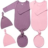 2Pk Newborn Baby Knotted Gown, Super Soft Silky Infant Long Sleeve Sleeper for Baby Sleeping with Hat Deep Purple & Pink (2 Packs 0-3 Months)