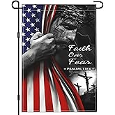 Jesus Garden Flag Faith Over Fear Garden Flag 12x18 Inch American Flag With Jesus Christ On It Garden Flags 3ply Fabric Double Sided for House Outdoor Yard Christian Faith Patriotic Garden Decor
