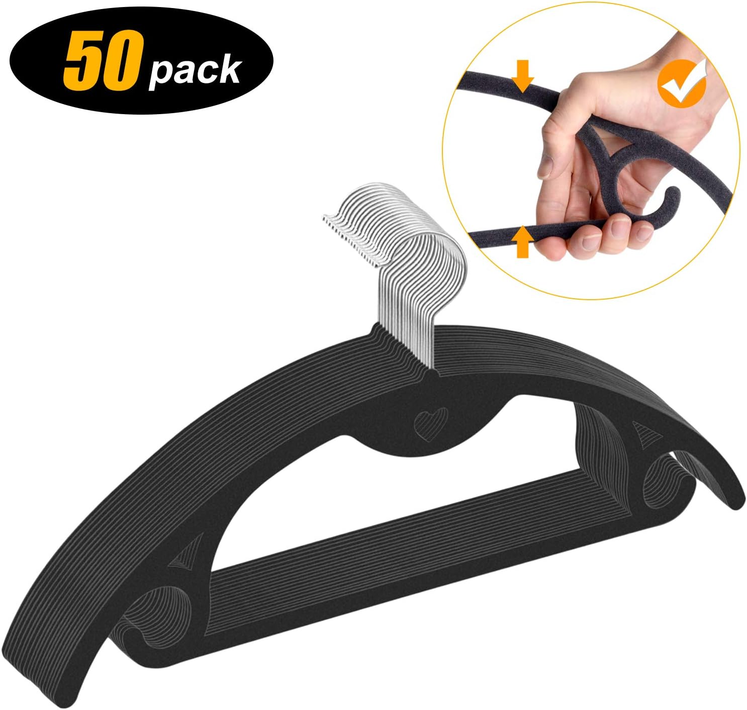 IEOKE Velvet Hangers, Non slip Clothes Hangers Heavy Duty 360 Swivel Hanger Hook Ultra Thin Clothes Racks Perfect for Space Saving (50 PACK) (Black-50)