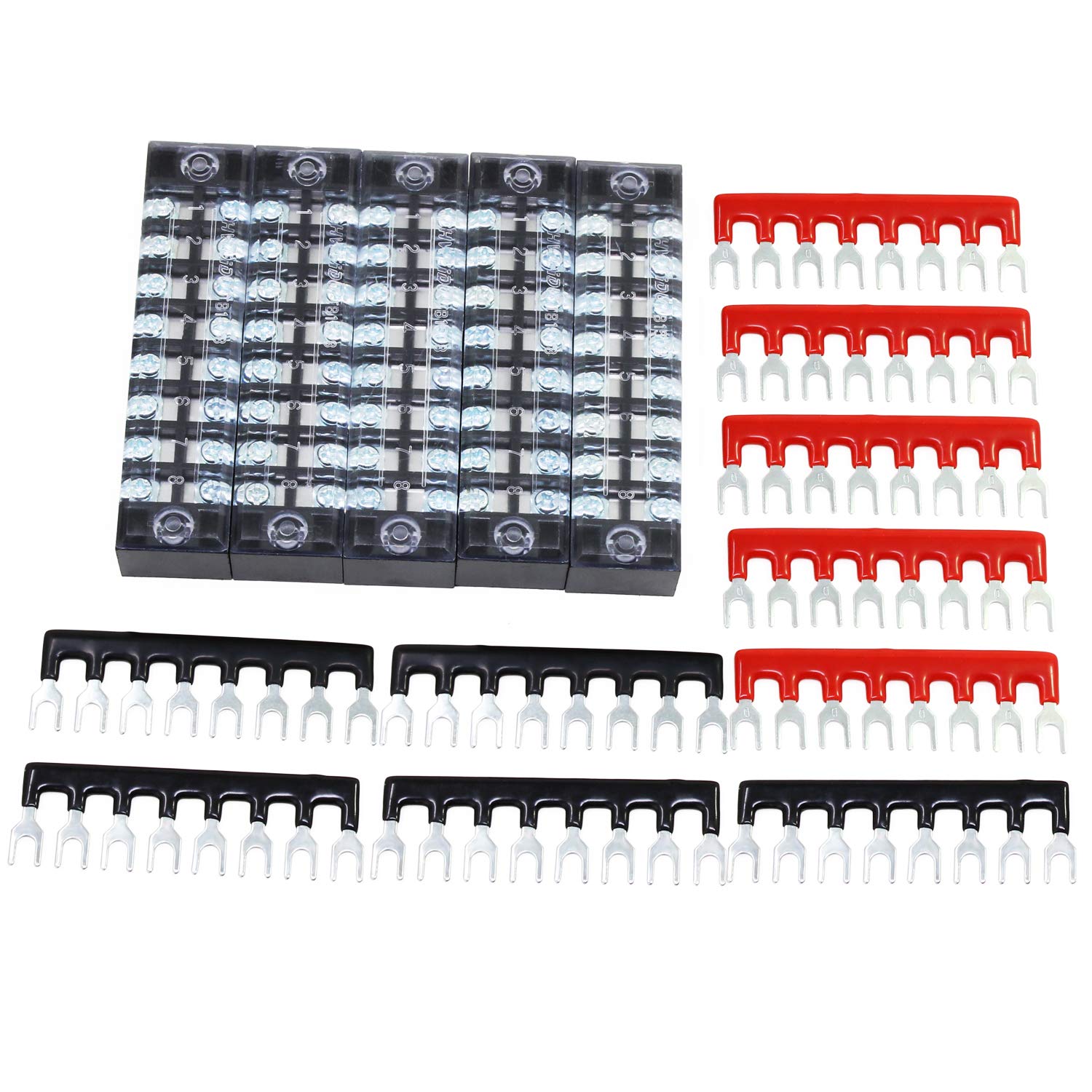 HSEAMALL 15PCS 8Position Screw Terminal Strip 600V 15A Double Row Terminal Block Set With 400V 15A Red and Black Terminal Barrier Strip