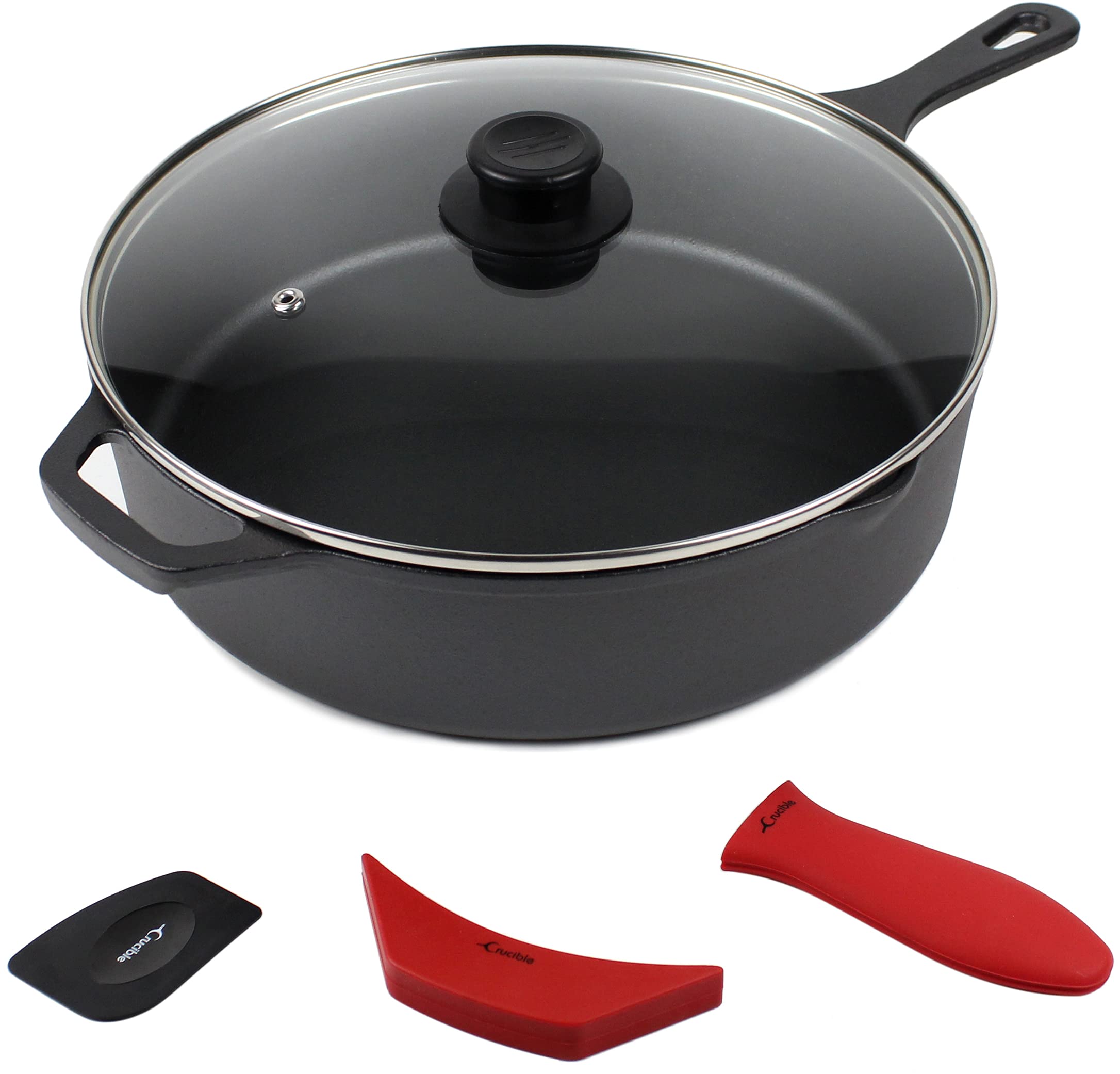 Crucible Cookware 12-Inch Cast Iron Skillet Set (Pre-Seasoned - Extra Deep), Including Large & Assist Silicone Hot Handle Holders, Glass Lid, Scraper | Indoor & Outdoor Use