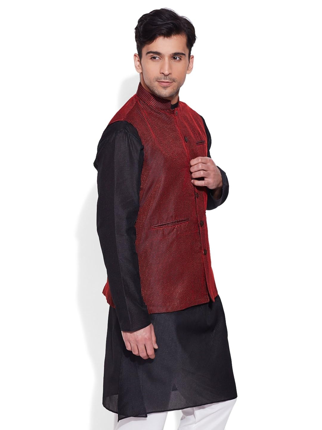very me men's designer maroon faux silk textured nehru jacket