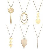 Fesciory 6 PCS Long Pendant Necklace for Women, Gold Bar Circle Leaf Triangle Tassel Y Necklace Set