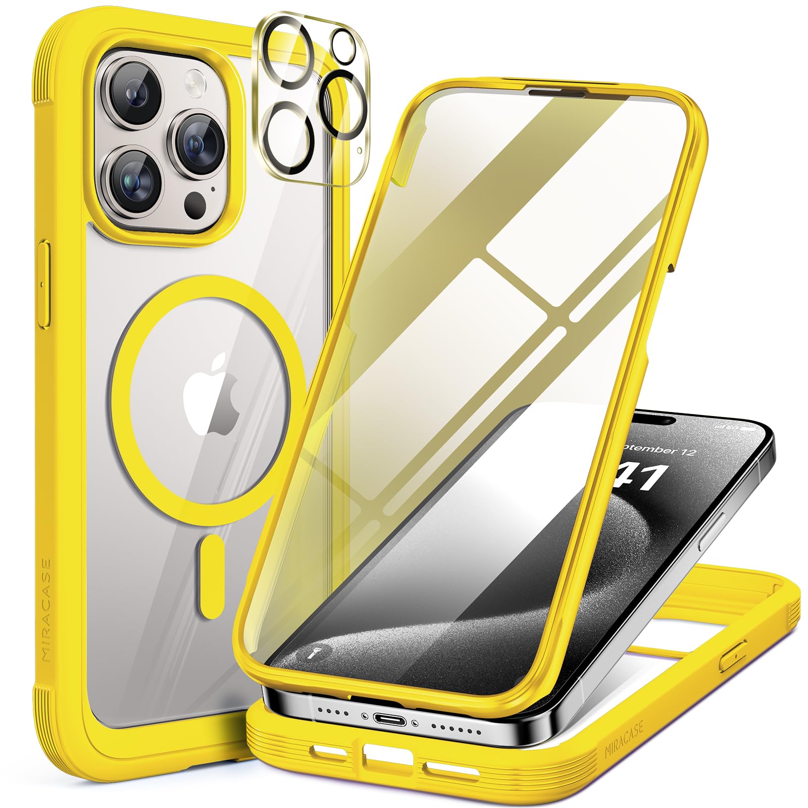 Miracase Magnetic Case for iPhone 15 Pro Case 6.1-Inch, Full Body Bumper Case Compatible with Magsafe and Built-in 9H Tempered Glass Screen Protector + Camera Lens Protector (Yellow)