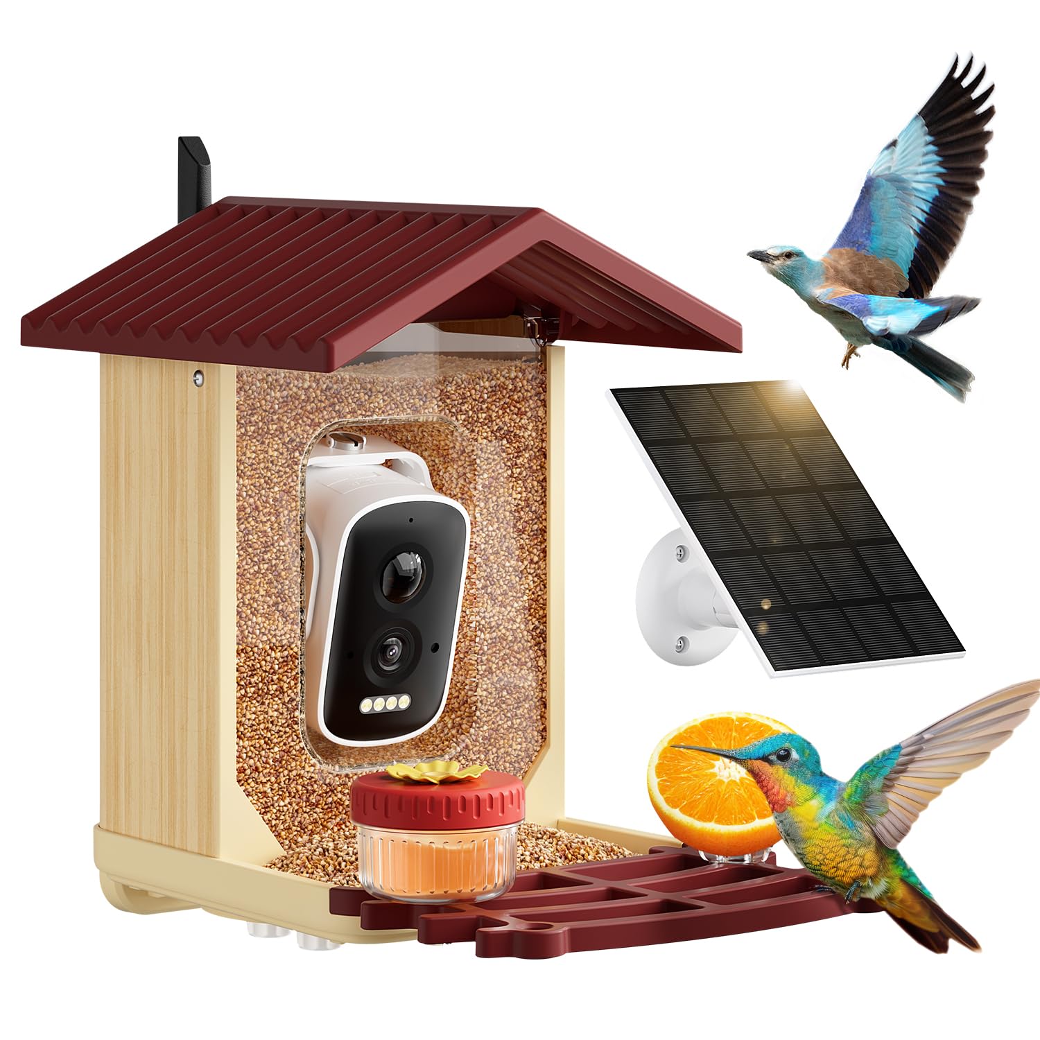 Photo 1 of Bird Feeder with Camera, 2.5K HD Smart Bird Feeder Cam Outdoor with AI Recognition, Instant Arrival Alerts, Auto Capture Birds Videos, IP66 Waterproof Solar Powered, Ideal Gift (Red)