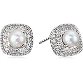 Amazon Essentials Sterling Silver Cushion Cut Birthstone and Created White Sapphire Halo Stud Earrings