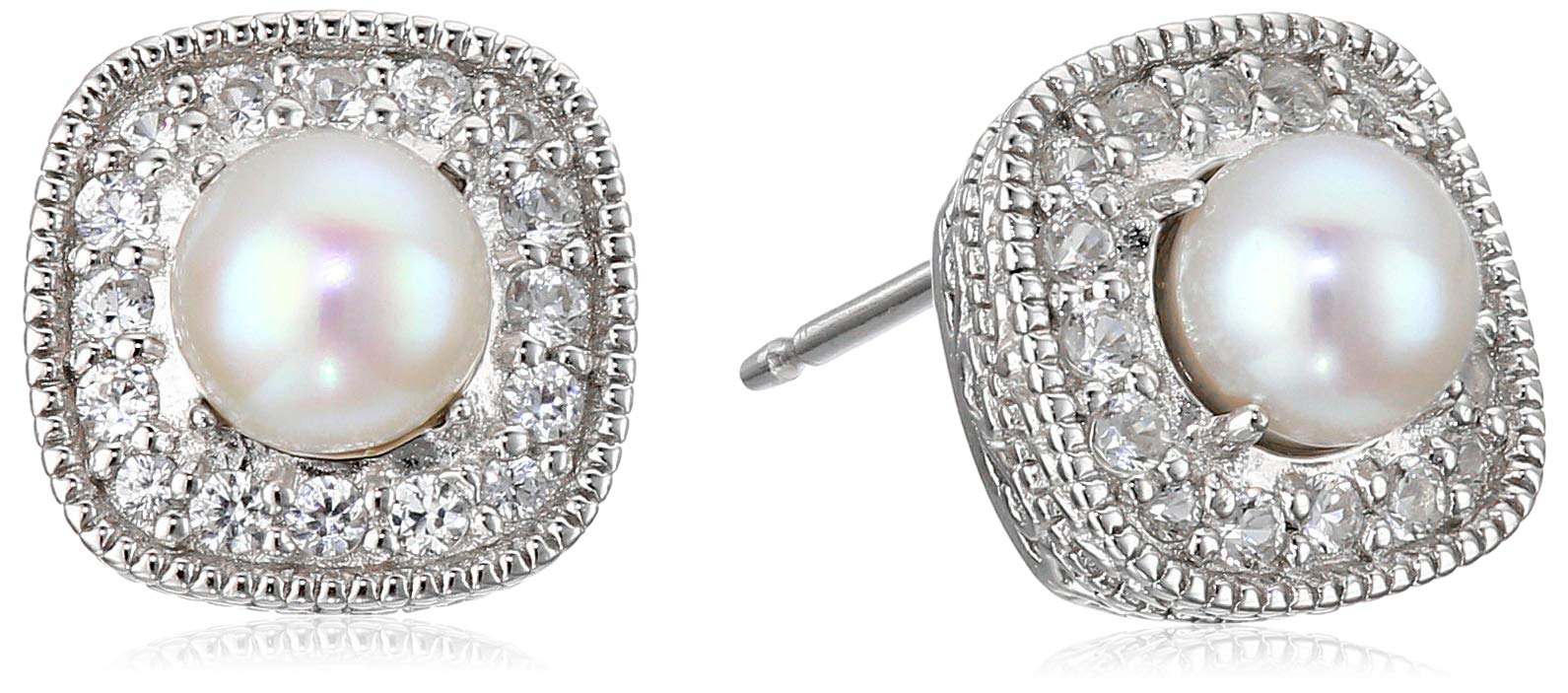 Photo 1 of Amazon Essentials Sterling Silver Freshwater Cultured Pearl and Created White Sapphire Halo Cushion Stud Earrings (previously Amazon Collection)