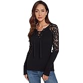 AmélieBoutik Women Floral Lace Inset Lace Up Ribbed Long Sleeve Knit Top
