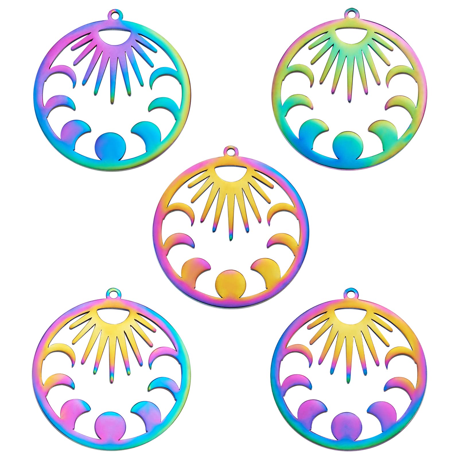COGCHARGER 5 PiecesMoon Phase Charms Pendants Flat Round Moon Star Charm 201 Stainless Steel Pendants Multi-color for Jewelry Necklace Bracelet Making