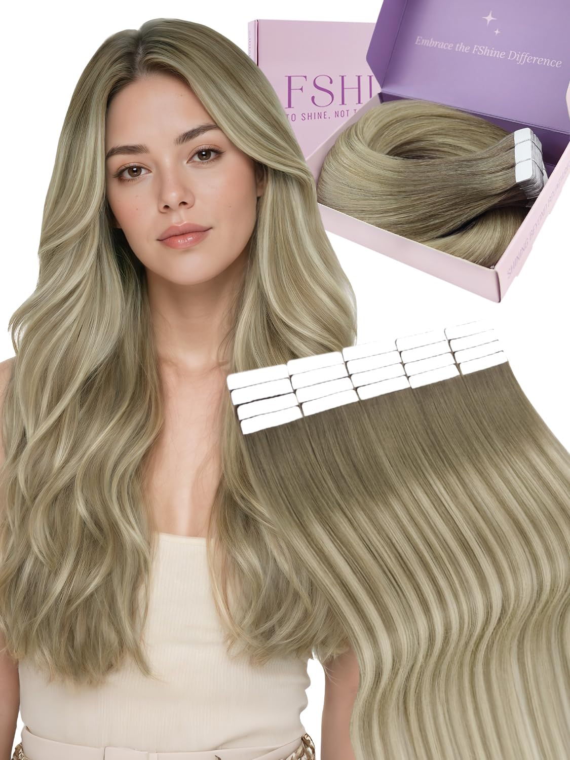 Fshine Real Human Hair Tape in Extensions,20 Inch 20 pcs 50 g,Soft Silky Hair Seamless Tape,Color 8 8 613 Light Brown to Bleach Blonde with Light Brown,For Women Ladies Girls — image 1