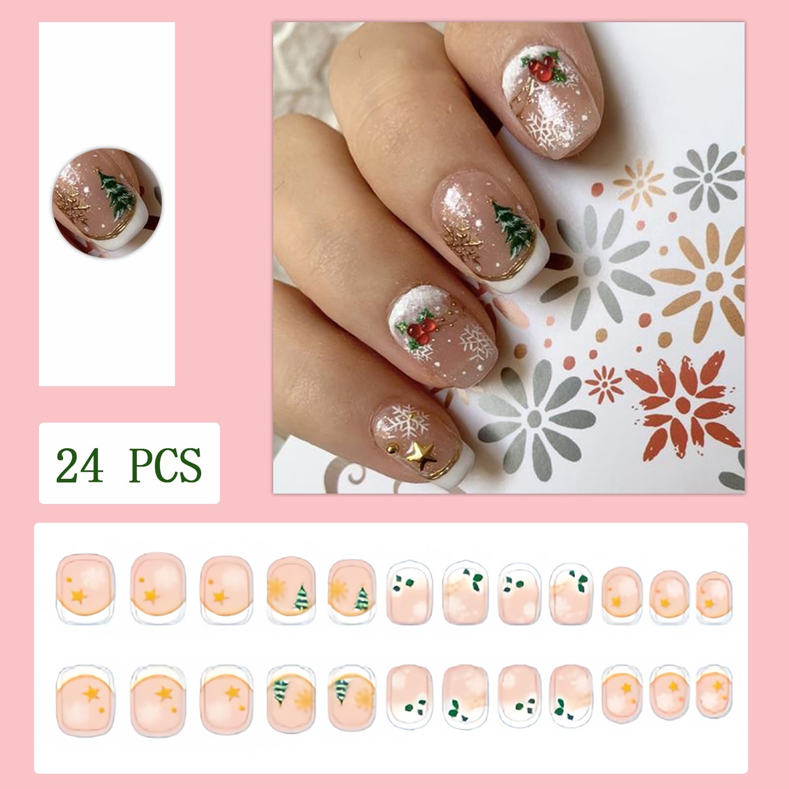 Christmas Press on Nails Short Square Fake Nails Christmas Red Fruit False Nails White French with Snowflake Christmas Tree Acrylic Nails Full Cover Stick on Nails for Women Party Nails Decor 24pcs - Image 2