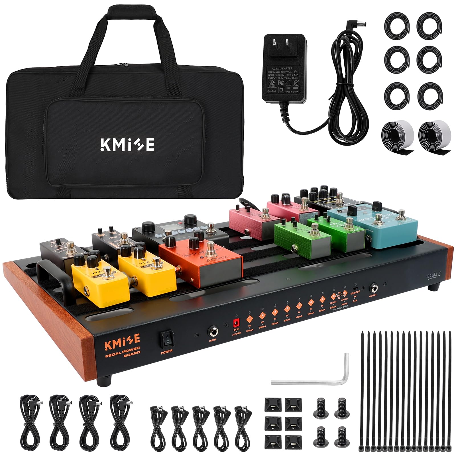 Guitar Pedal Board with Built in Power Supply, pedal board 24''x 15'' with Bag, Aluminum Alloy Portable Pedalboard with Handle, Hook Tape，Pedal Cables for Guitarist Image