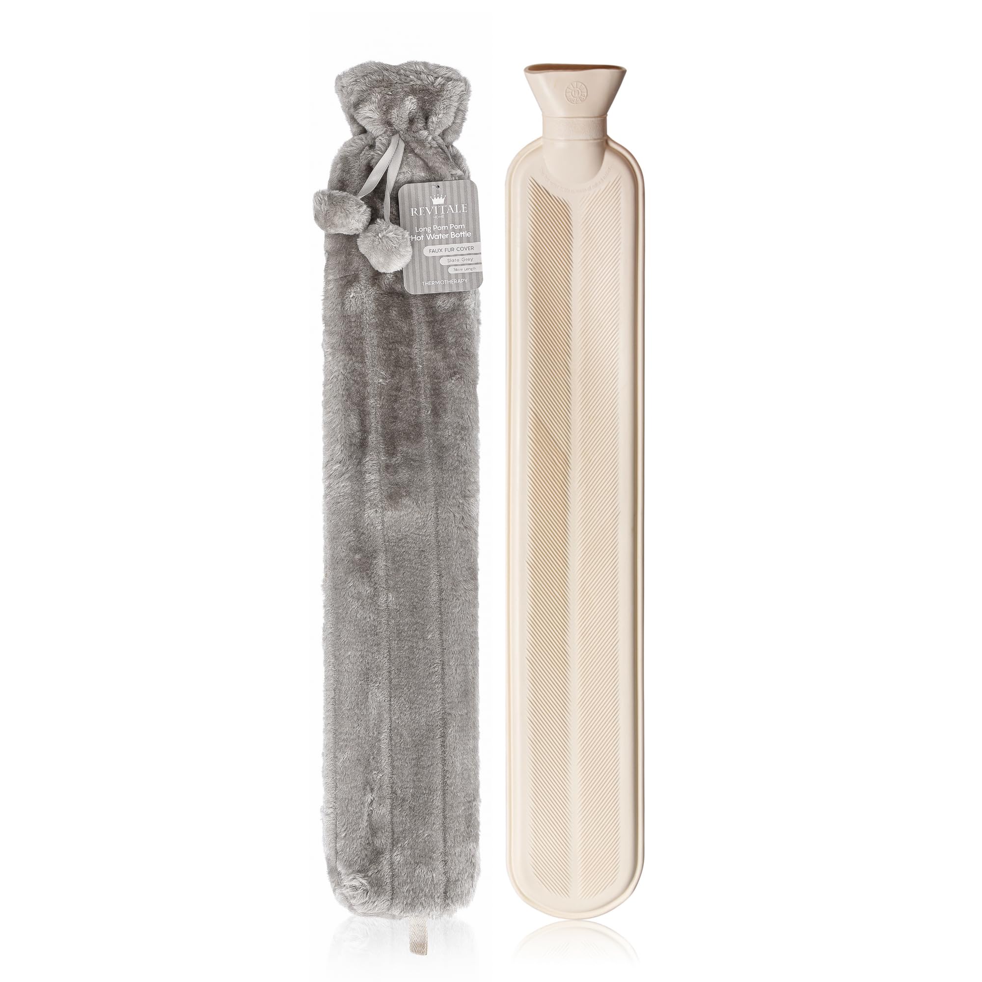 Revitale Extra Long Hot Water Bottle with Soft Faux Fur Pom Pom Cover – 72cm, 2 Litre British Standard (Slate Grey)