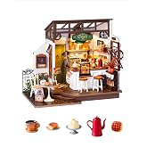 Robotime DIY Miniature House Kit, 1:18 Coffee Shop Diorama Dollhouse with LED Lights, 3D Wooden Puzzle Diorama for Adults, Craft Hobby Gift for Women Men Teens
