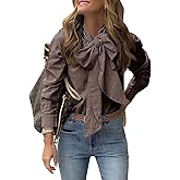 Cicy Bell Womens Plaid Shirts Bow Tied Neck Button Down Long Sleeve Casual Dressy Blouse Tops