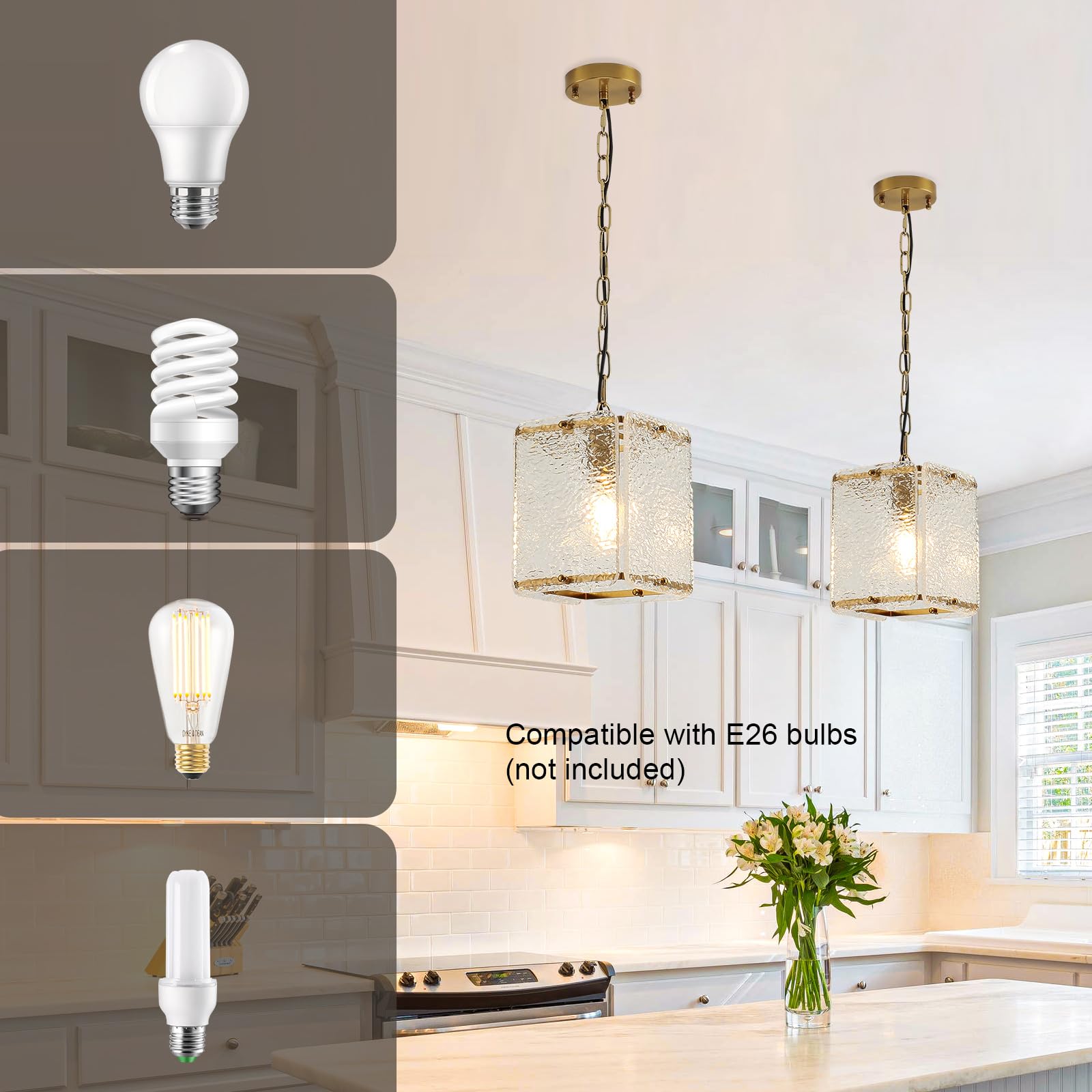 Bicrink Brass Crystal Pendant Light for Kitchen Island Lights- Exquisite Gold Chandelier with Water Ripple Glass - Height Adjustable - Dimmable - Great for Dining Room and Hallway., MT60026