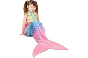 Catalonia Kids Mermaid Tail Blanket, Super Soft Plush Flannel Sleeping Snuggly Blanket for Girls, Rainbow Ombre, Birthday Gift for Daughter
