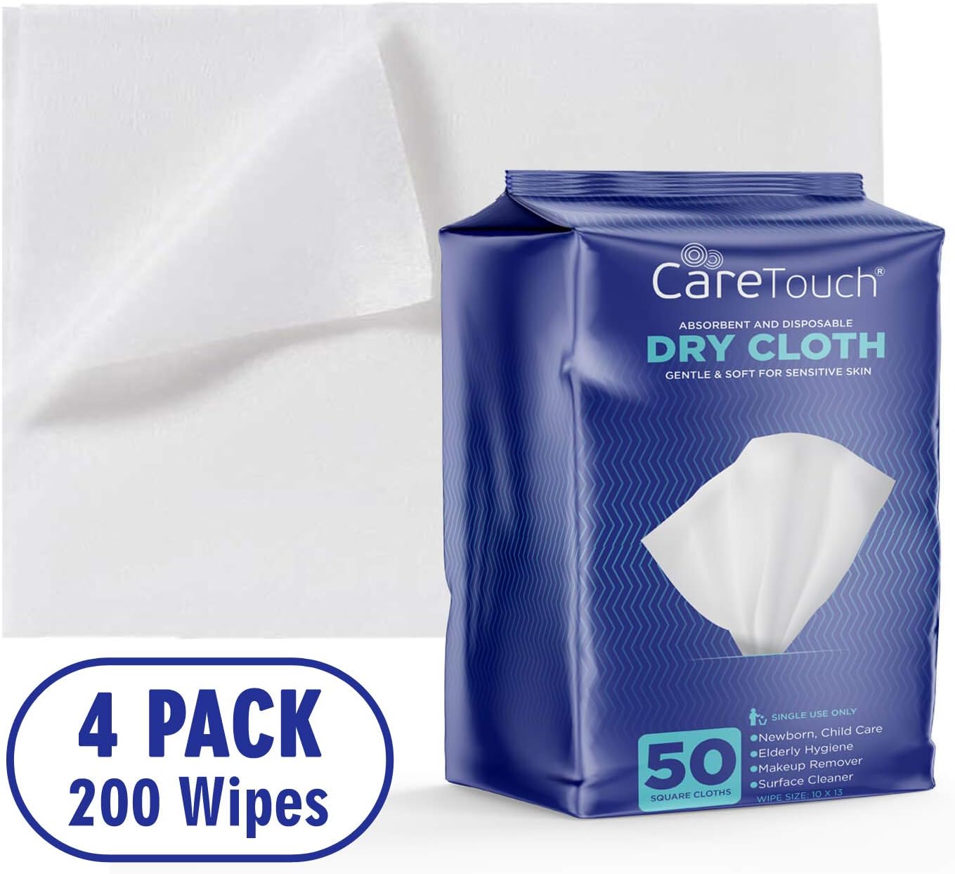 Care Touch Disposable Dry Wipes - 200 Count (4 Packs of 50) - Baby, Incontinence, Seniors, Surface Cleaning - 10" x 13" Absorbent Cleansing Cloths - Ultra Soft and Gentle: Health & Personal Care