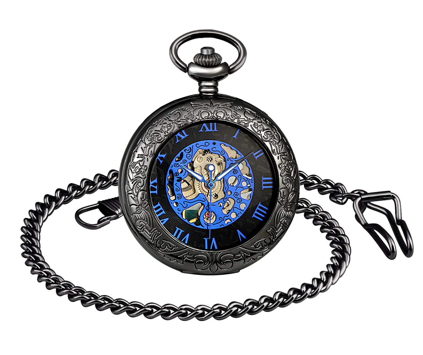 MICGIGI-Unisex Pocket Watch Mechanical Hand-Wind Analogue Skeleton Movement Pocket Fob Watches with Chain