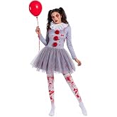 Women Halloween Scary Clown Costume with Bloody Tutu Dress and Face Gems | Bloody tutu dress with ruffle collar, face gems, pom poms, thigh-high socks and red balloon for a complete clown look