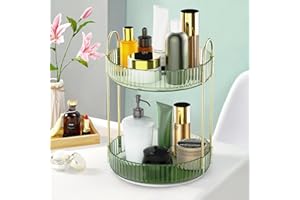 KSSVZZ 360 Rotating Makeup Organizer for Vanity - Spinning Bathroom Organizer Countertop, Large Storage Cosmetic Display Tray, Make Up Counter Shelf for Perfumes, Skincare Lotions (2 Tiers, Green)