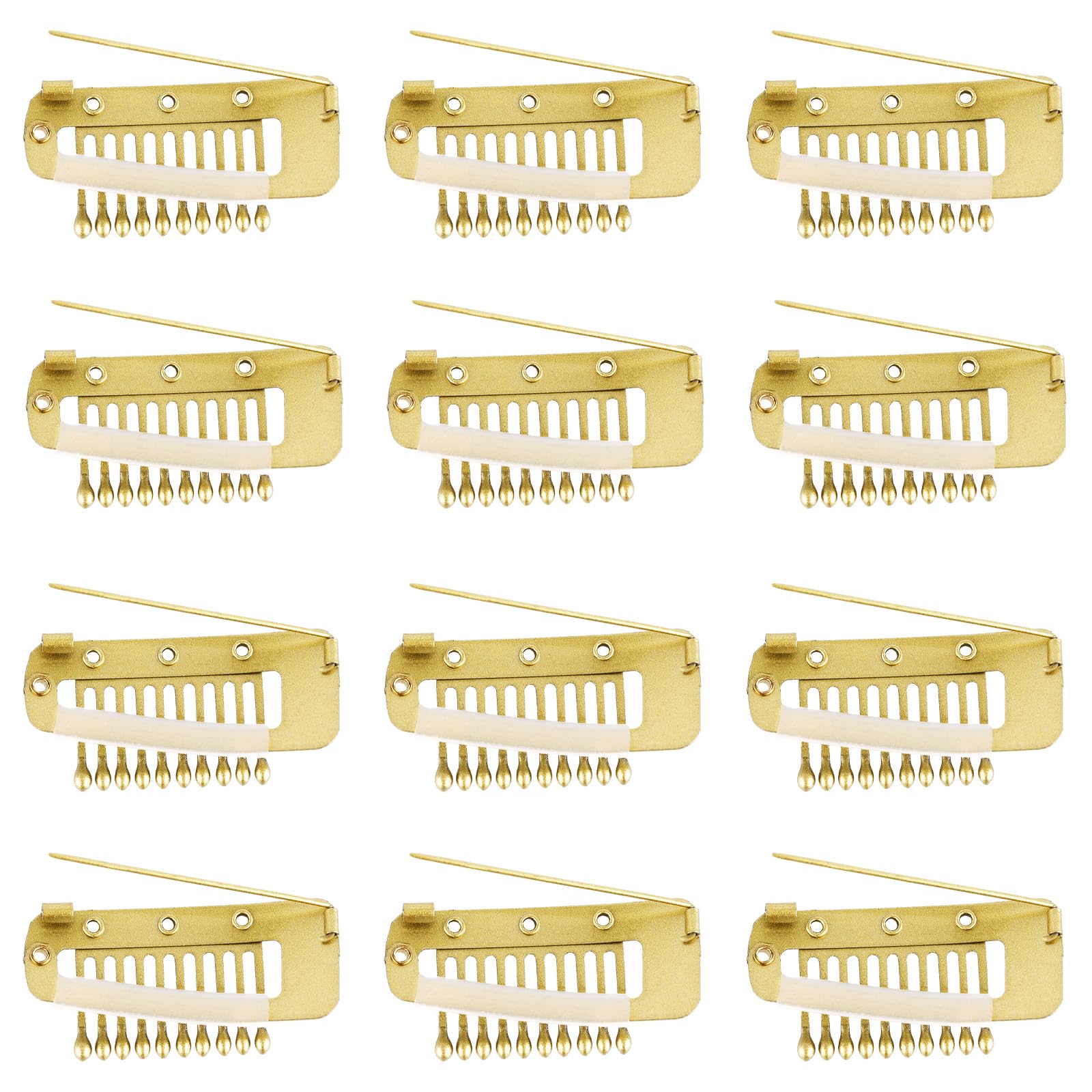 12pcs Gold Wig Clip with Safety Pins, 10-Teeth Hair Extension Snap Clips for Strong Grip - No Sew Chunni Dupatta Headscarf, Hijab & Tikka Combs for Girls & Women