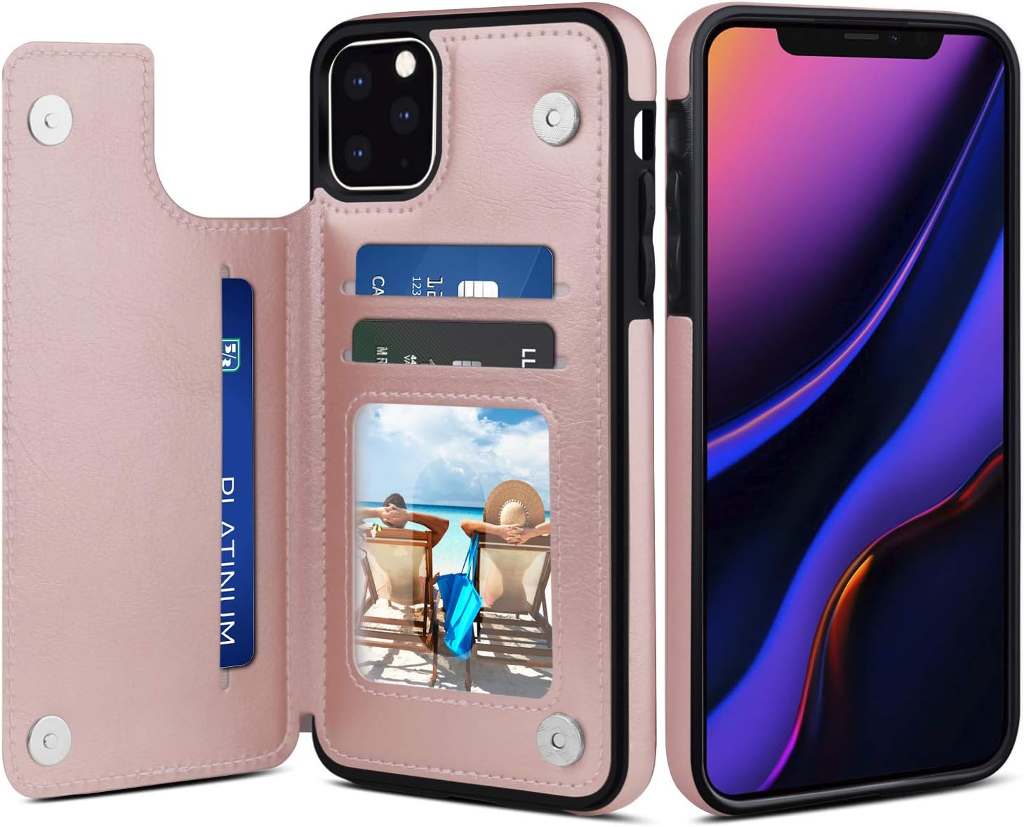 Venoro iPhone 11 Pro Max Case, Credit Card Slot Holder PU Leather Card Pockets Shockproof Flip Wallet Phone Protective Cover Case for Apple iPhone 11 Pro Max 6.5inch (Rose Gold)