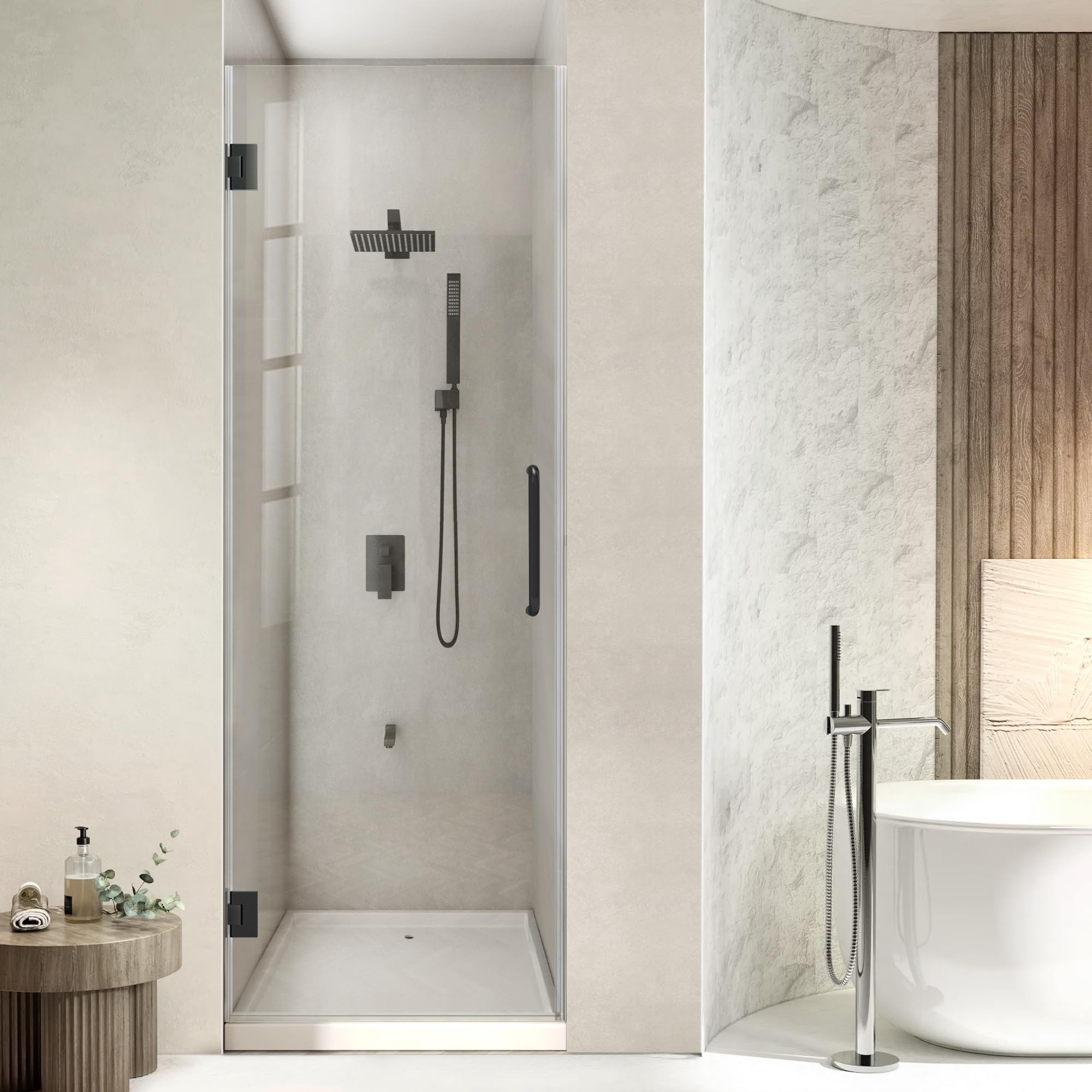 Photo 1 of **FACTORY SEALED AS SHOWN IN PHOTOS/STRAPS STILL FULLY INTACT**Frameless Hinged Shower Door 23" W x 72" H,Single Swing hinged Black Shower Door with 5/16" Clear Tempered Glass,with Sealing Strip Components,Handle and Stainless Hardware,Easy Clean