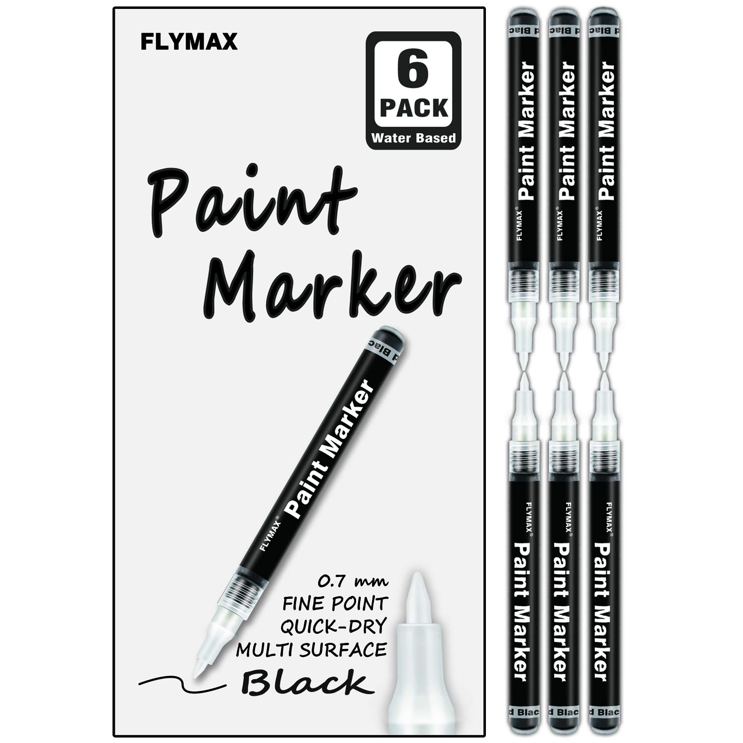 FLYMAX Black Paint Pen for Glass Bottle Rock Leather Plastic Stone Metal Canvas Enamel Plant Art Waterproof Writing Acrylic Permanent Marker Extra Fine tip 6 Pack 0.7mm