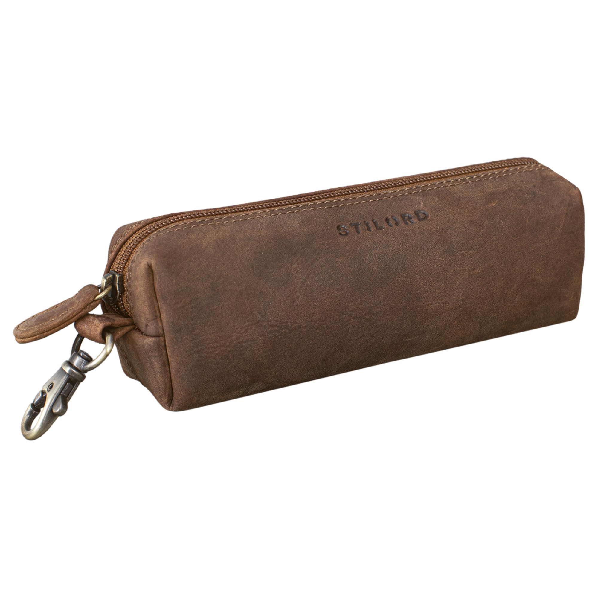 STILORD 'Camillo' Leather Pen and Key Case Vintage Pencil Pouch with Key Ring Pen Holder Made of Genuine Leather, Colour:Middle Brown