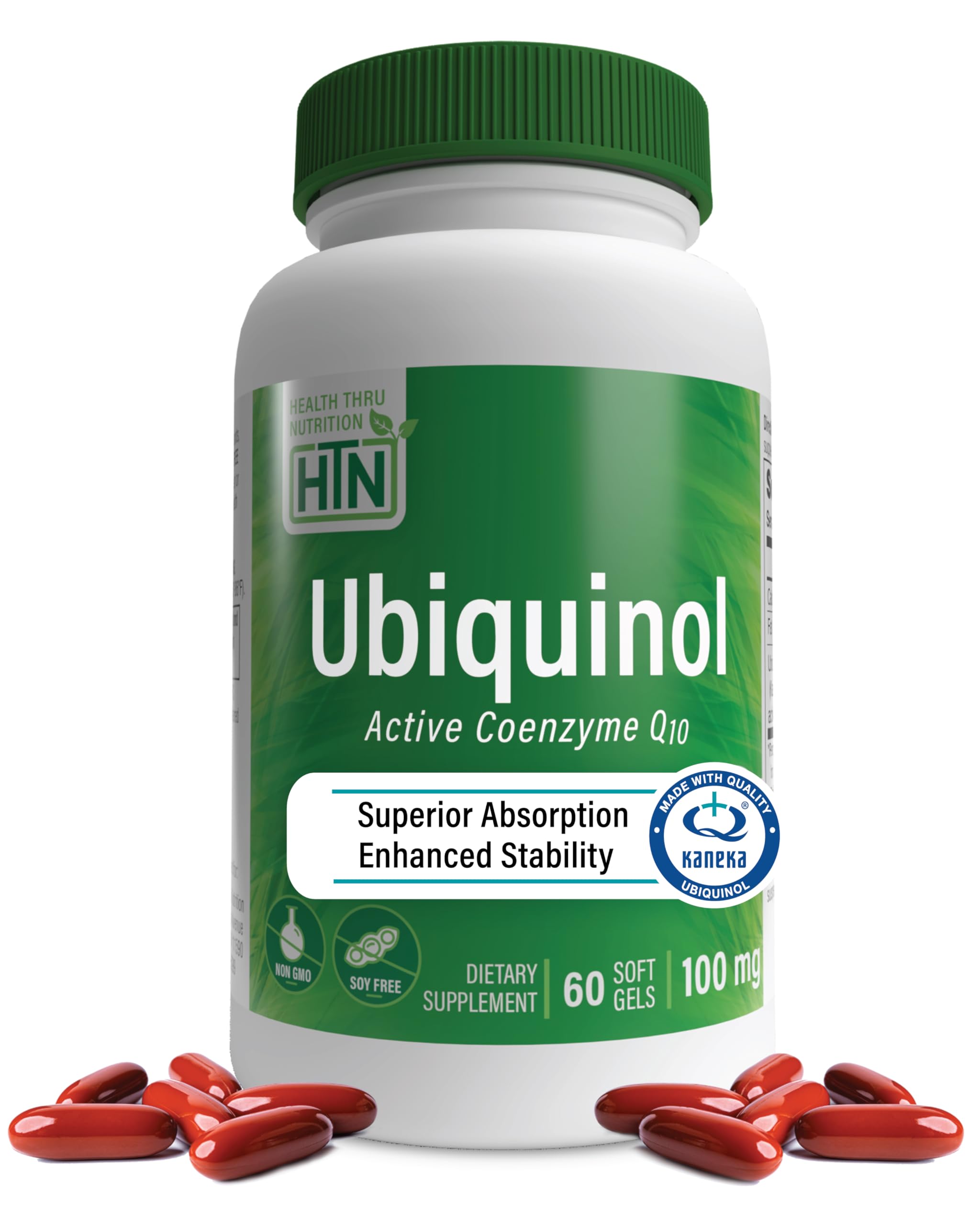Ubiquinol 100mg 60 (Soy-Free) (Non-GMO) EAF CoQ10 (Enhanced Absorption Formula Coenzyme Q10 as Kaneka Ubiquinol) by Health Thru Nutrition (60 Softgels)