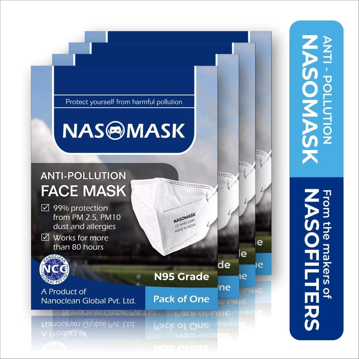 Nasofilters Nasomask 99.63% Anti-Pollution Ultra Soft Fabric Face Mask -Pack of 4