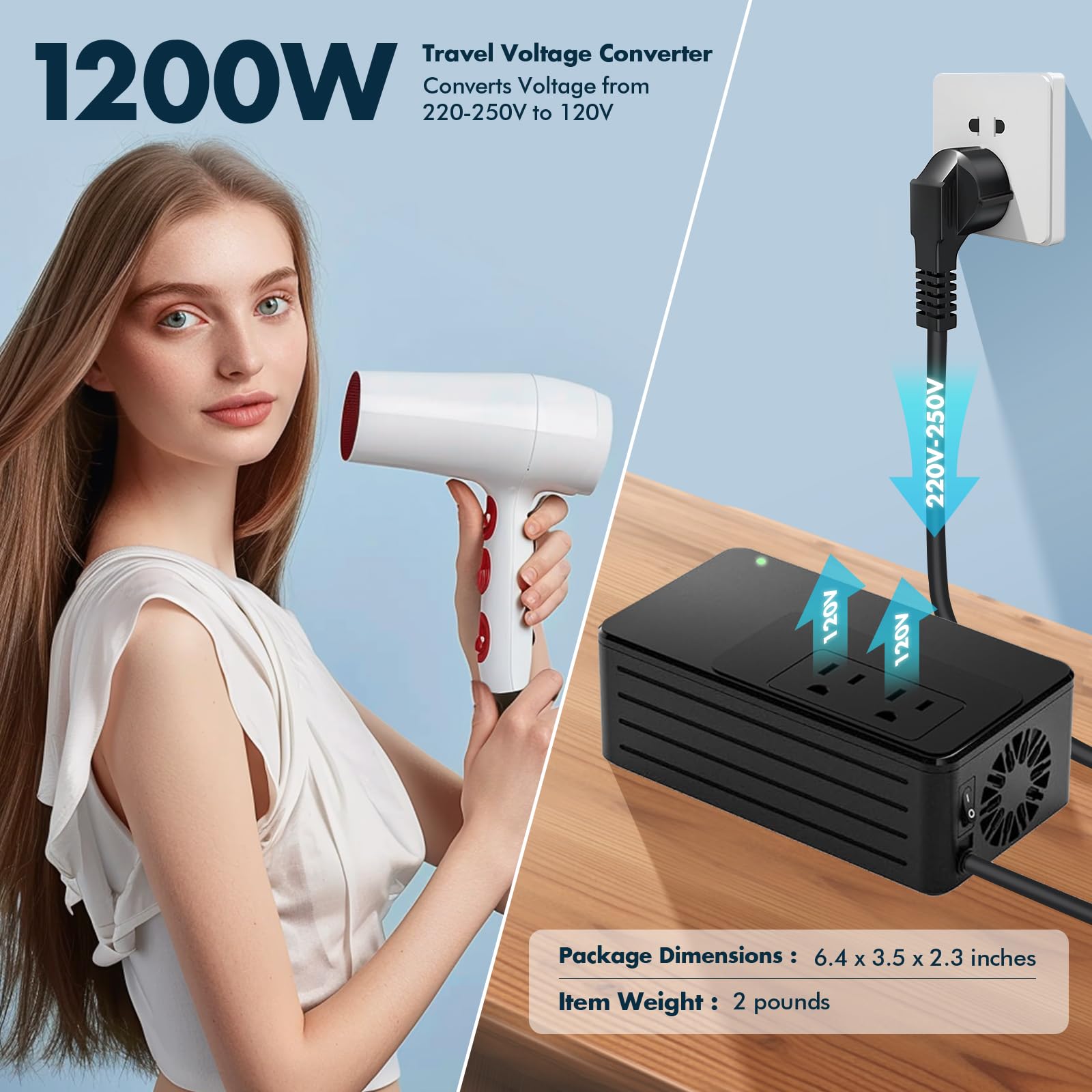 1200W Universal Travel Adapter Converter Step-Down 220V to 110V, 2 lbs Light Weight, Stable Pure Sine Wave, for Hair dryers, straighteners, Curling Irons, Coffee Makers (Black)