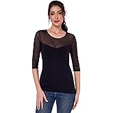 AmélieBoutik Women Crewneck Sheer Mesh Casual Sexy Slim Fitted 3/4 Sleeve Elegant Blouse Tops