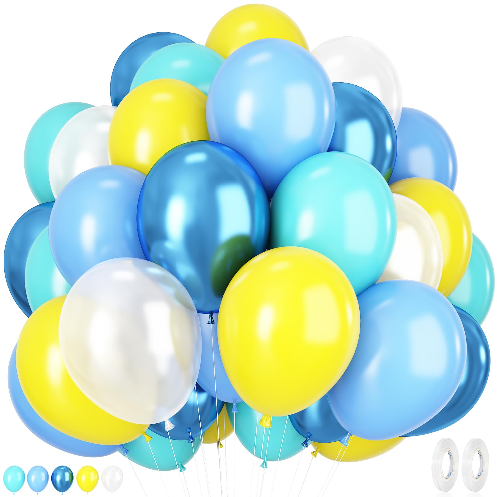 Cartoon Balloons, 50 Pcs 12 Inches Yellow Blue Clear Balloon, Yellow Blue Balloons Teal Blue Metallic Blue Clear Balloon for Girls Boy Cartoon Theme Birthday Baby Shower Wedding Party — image 1