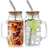 DRASTAR Glass Cups for Iced Coffee, 24oz Mason Jar with Lid and Straw, Mason Jar Coffee Cup, Mason Jars with Handle Drinking Glasses Set of 2