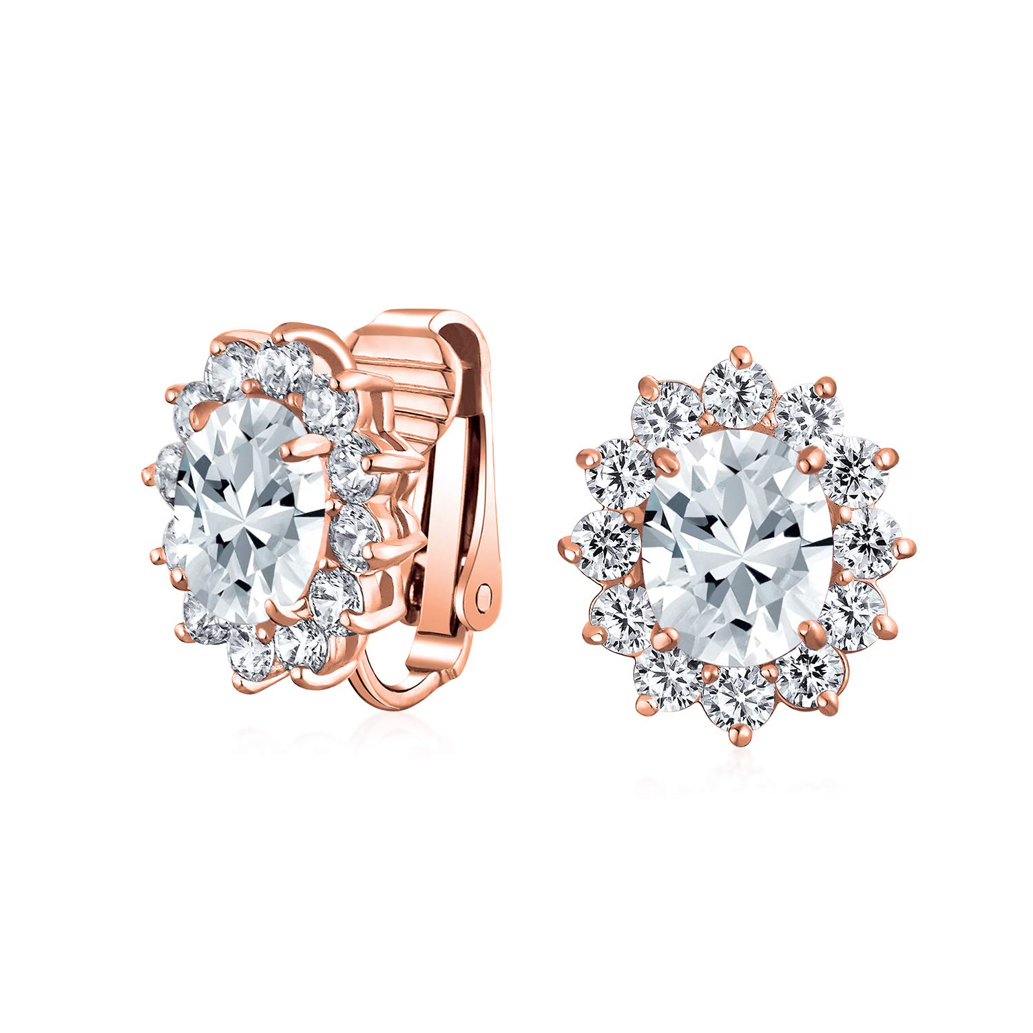 Fashion Formal Holiday Party Bridal Oval Clear Cubic Zirconia Halo Crown AAA CZ Stud Clip On Earrings For Women Wedding Non Pierced Ear Rose Gold Plated
