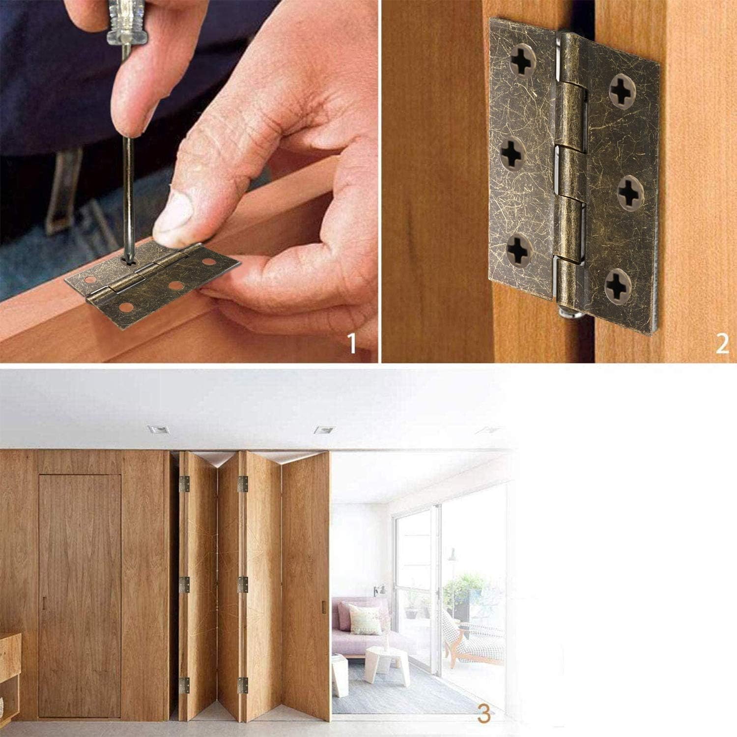 10PCS Retro Door Hinges, 75mm (3 Inch) Bronze Butt Hinges with 60PCS Antique Hinge Screws - Image 4