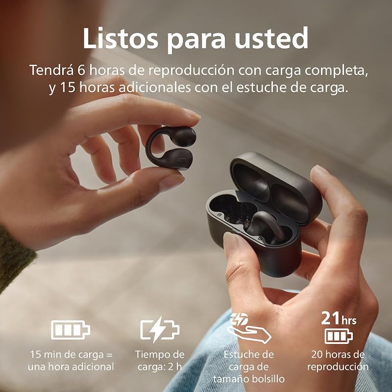 TAQ2000BK Auriculares open ear tipo piercing Bluetooth multipunto True Wireless - 28 horas de reproducción, Estuche de bolsillo, Llamadas nítidas, Para desplazamientos y entrenamientos - Negro