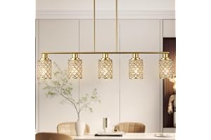 KPIOK Gold Chandelier Light Fixture,5-Light Dining Room Light Fixtures Over Table,Farmhouse Linear Chandeliers for Dining Room, Pendant Lights Kitchen Island with K9 Crystal and Gold Grids Shade