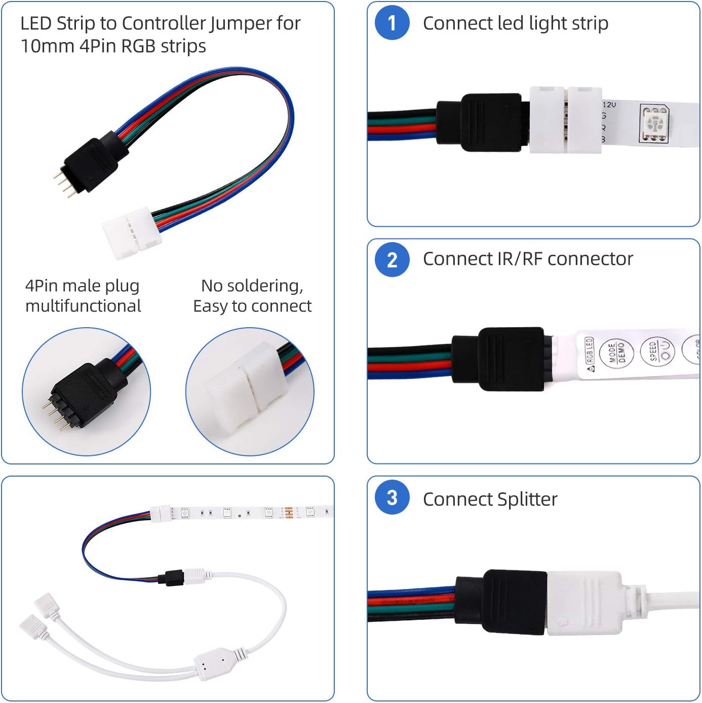 LED Strip Light Connector Kit, Led Strip Accessories Set for 5050 4 Pin 10mm RGB Led Light Strips with Connectors Clips and Tools - - 
