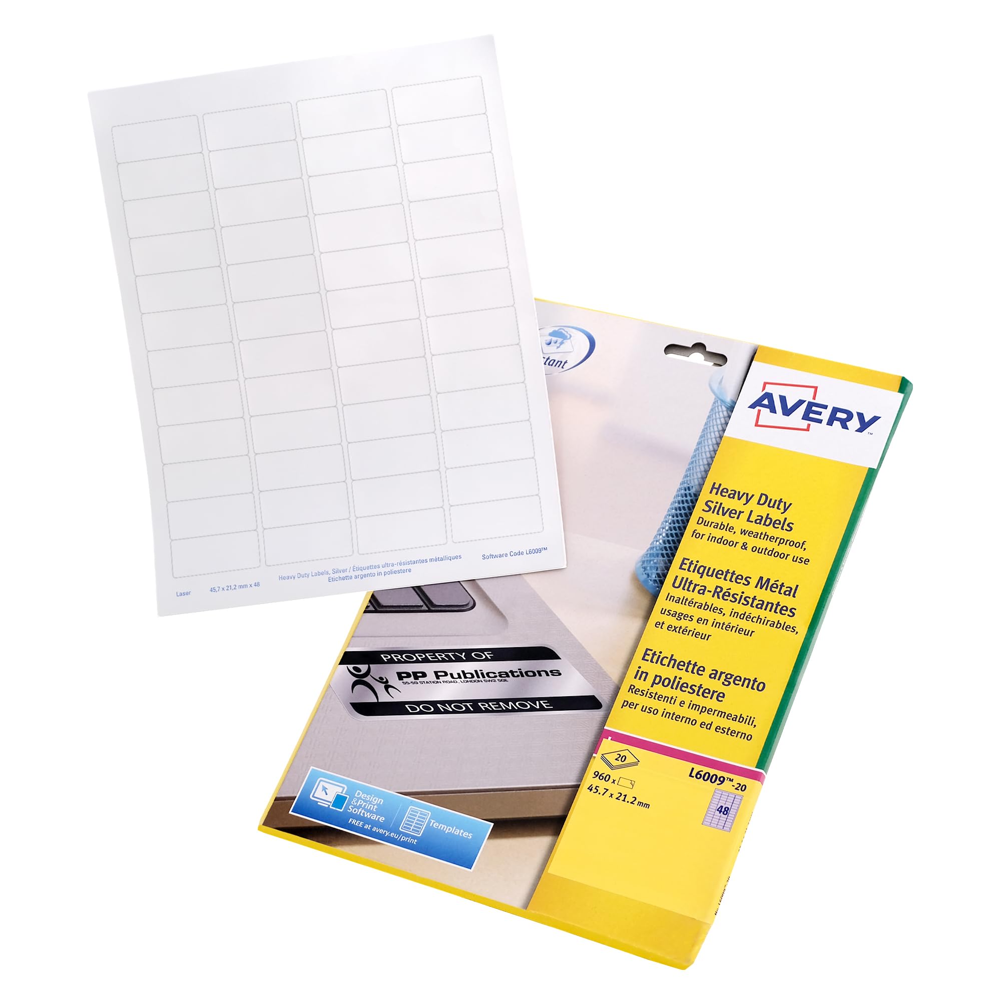 Avery Resistant, Printable, Heavy Duty Labels, Customisable, 45.7 x 21.1 mm, Silver, 48 Labels per Sheet, 960 Labels per Pack (L6009-20)