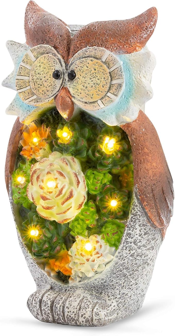 GloBrite Garden Ornament Owl Figurine with Solar Powered LED Light - Outdoor Waterproof Resin Garden Statue Sculpture for Yard Lawn Patio Pathway Party Decoration