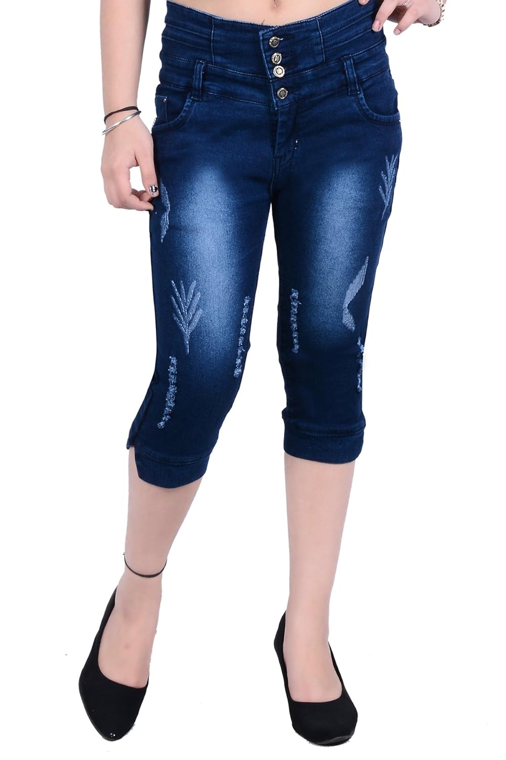 blinkin slimfit high-waist distressed capri jeans for women (stretchable denim fabric )