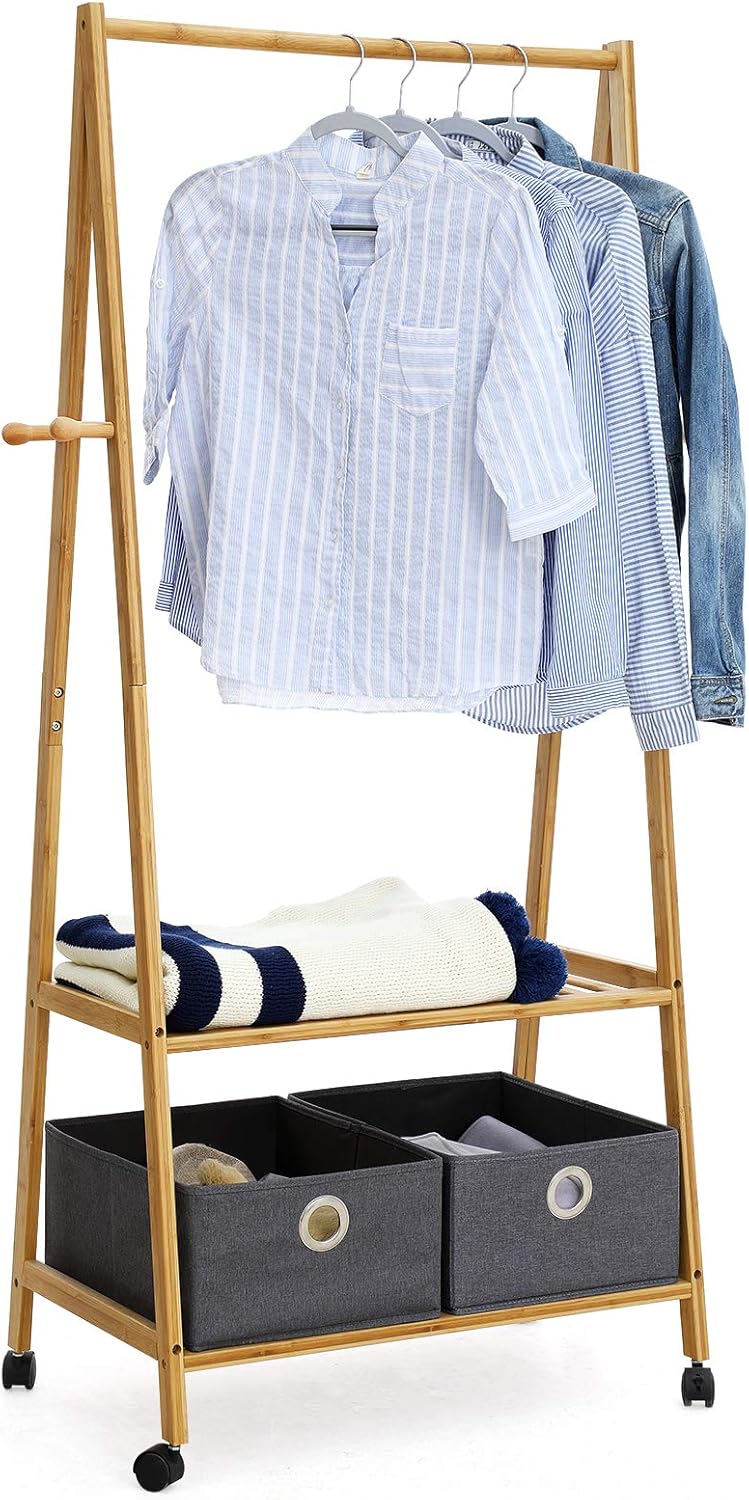 two tier wooden shoe rack on Ibuyke Foldable Bamboo Clothes Rack Stand With 1 Tiers Wooden Shoe Rack And Two Side Hooks For Entryway And Bed Room A Frame Design Garment Stand White Rf 1028 Coat Racks Hallway Furniture