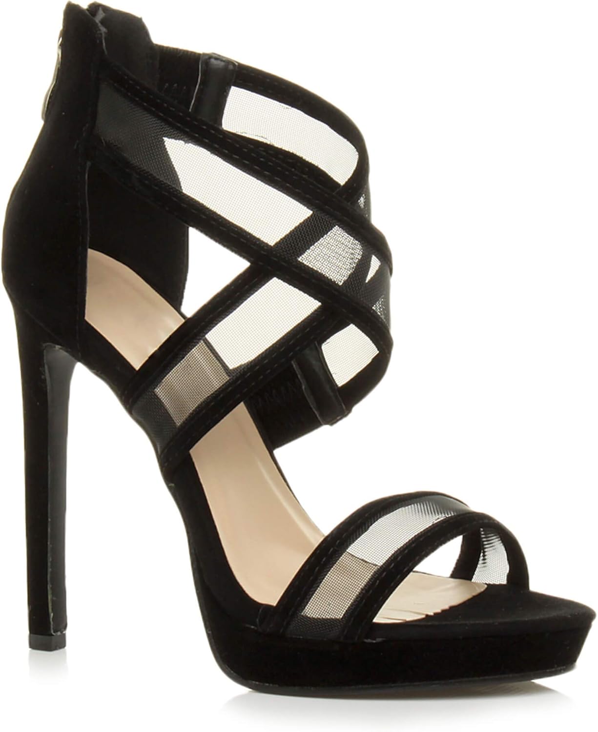 Ajvani Womens Ladies high Heel Platform Zip Cross Strap mesh Party