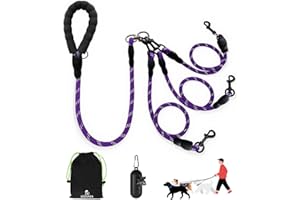LEOSASA No-Tangle 3-Dog Leash - Main Lead Rope with Padded Handle, Three Detachable Leash Splitters, Heavy-Duty Clip, 4.76ft for Walking, Running, Small, Medium, Large Dogs (Purple)