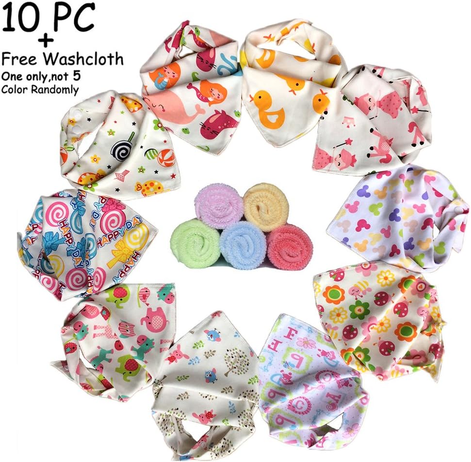 10-pack Baby Girls Bandana Drool Bibs&FREE Baby Washcloth GIFT, Absorbent Cotton Bibs Super-Stylish Anti-Smell Anti-Bacterial Apron Bibs Quick Dry Avoids Drool Rash with Nickel-Free Snaps