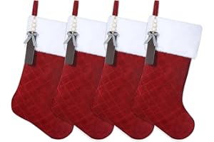 Shgngle Red Velvet Quilted Personalized Christmas Stocking,19.5 Inch Fireplace Hanging Stockings with Blank Wooden Tags DIY Name,Family Holiday Decorations and Xmas Gift(Red 4Pcs)